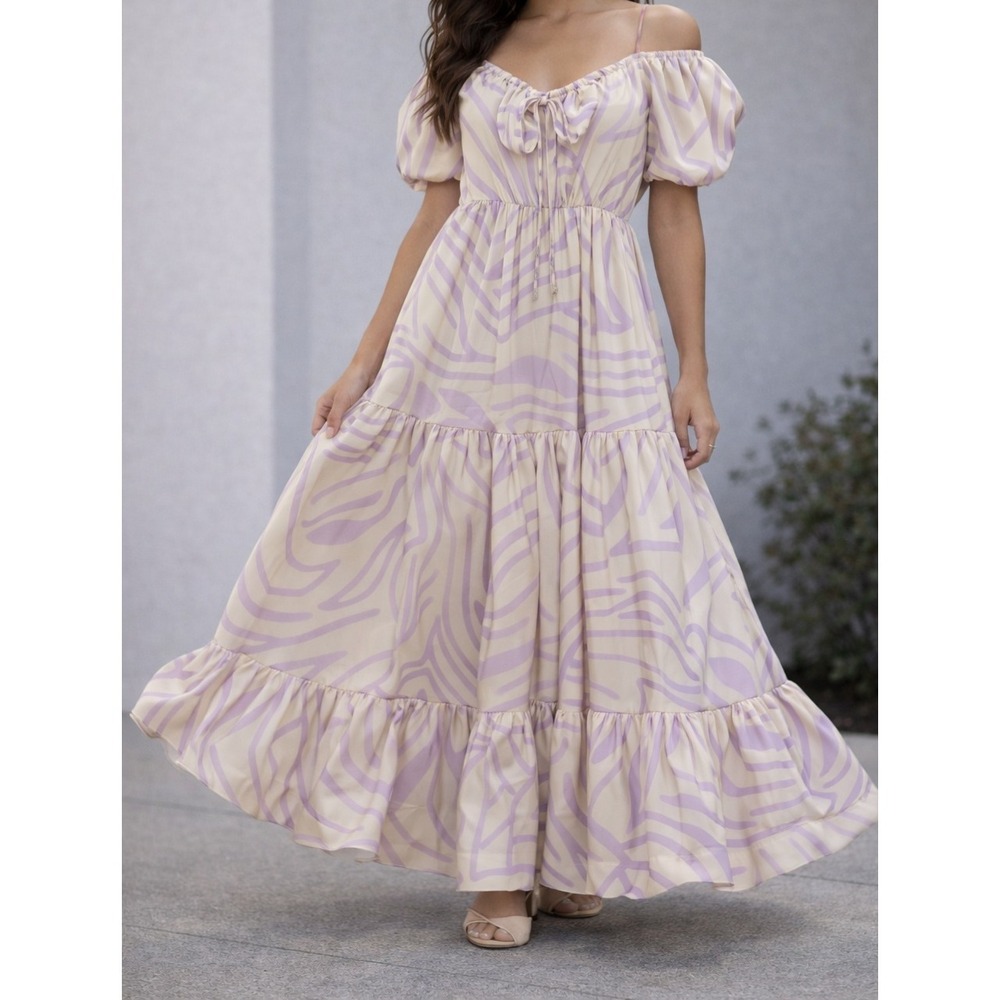 Liliana Meza Dress Womens S Cream Lavender Maxi LOng Puff Sleeves Tiered